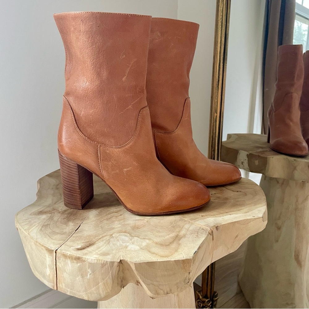 Free People Leather Dakota Stacked Block Heel Slouch Boots in Vintage Brown 6.5